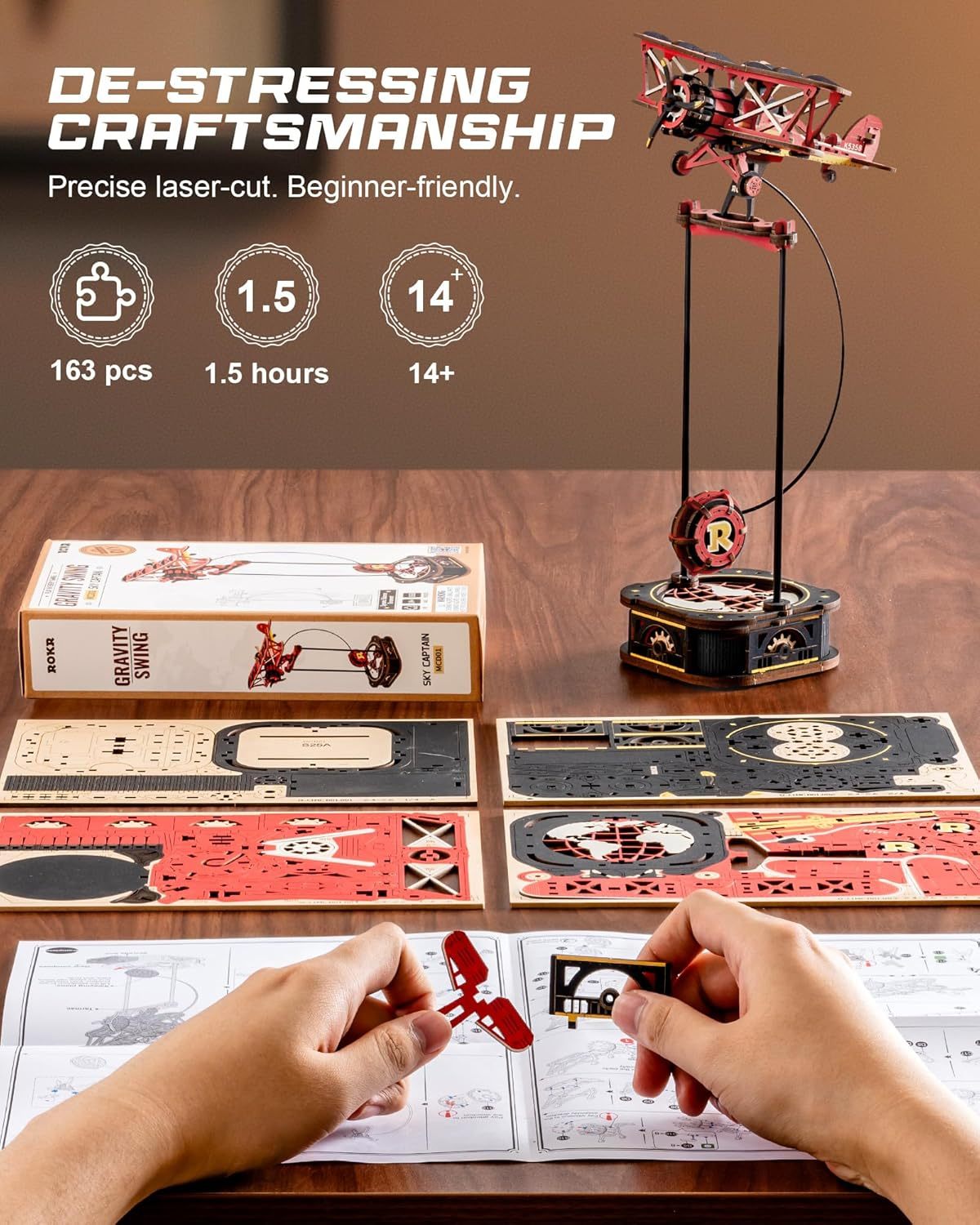 ROKR 3D Wooden Puzzle Kit - Gravity Swing Series Gladiator Fighter With Moving Mechanism, Challenging DIY Building Project For Adult Model Enthusiasts