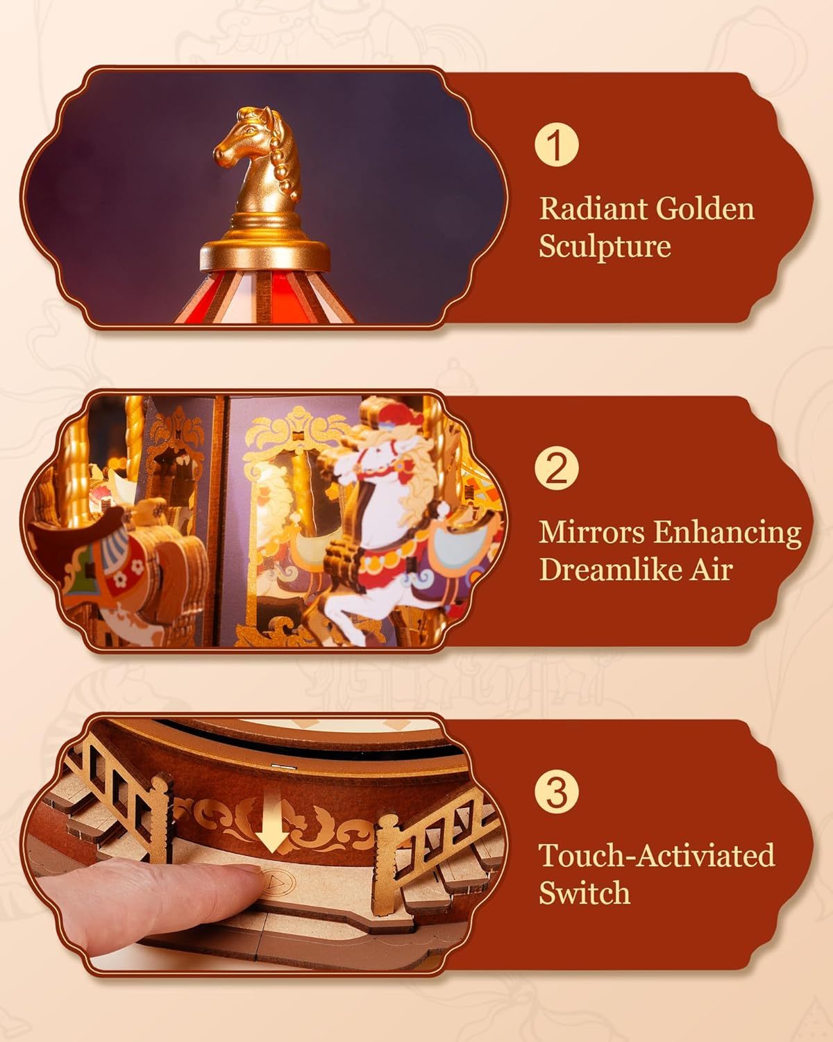 ROBOTIME 3D Wooden Puzzle Classic Carousel Music Box With LED Lights, Model Kits For Adults To Build, Gear Model Building Construction Craft Kits