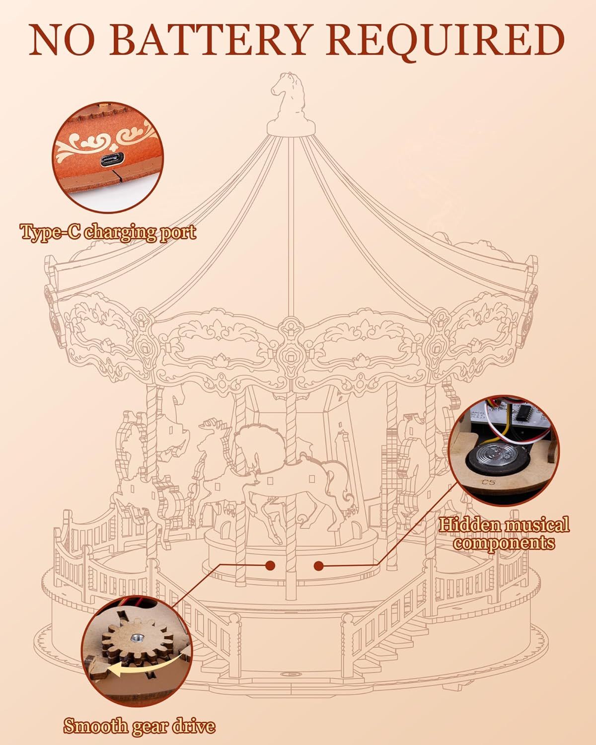 ROBOTIME 3D Wooden Puzzle Classic Carousel Music Box With LED Lights, Model Kits For Adults To Build, Gear Model Building Construction Craft Kits