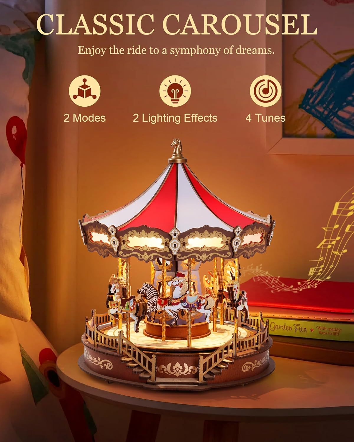 ROBOTIME 3D Wooden Puzzle Classic Carousel Music Box With LED Lights, Model Kits For Adults To Build, Gear Model Building Construction Craft Kits