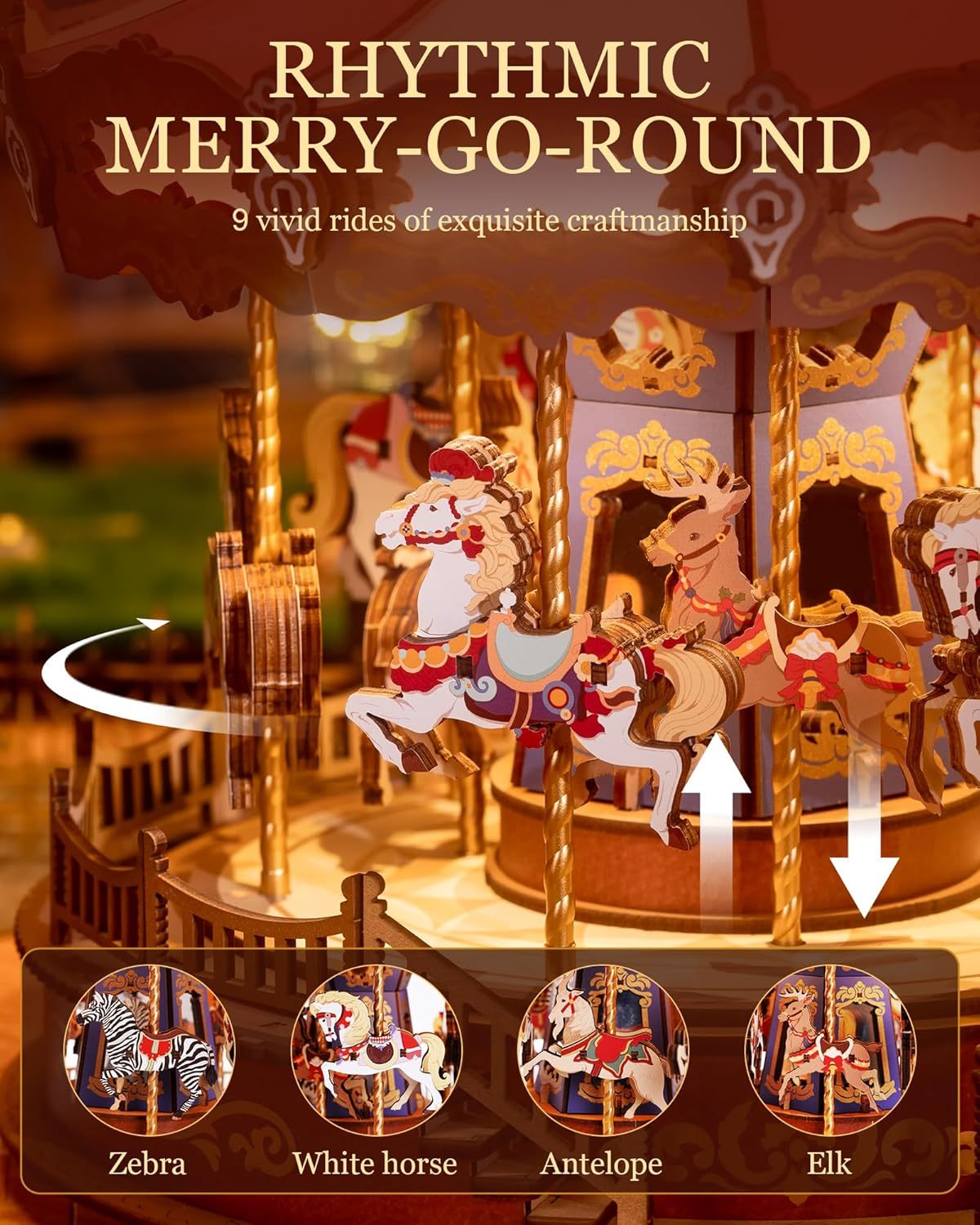 ROBOTIME 3D Wooden Puzzle Classic Carousel Music Box With LED Lights, Model Kits For Adults To Build, Gear Model Building Construction Craft Kits
