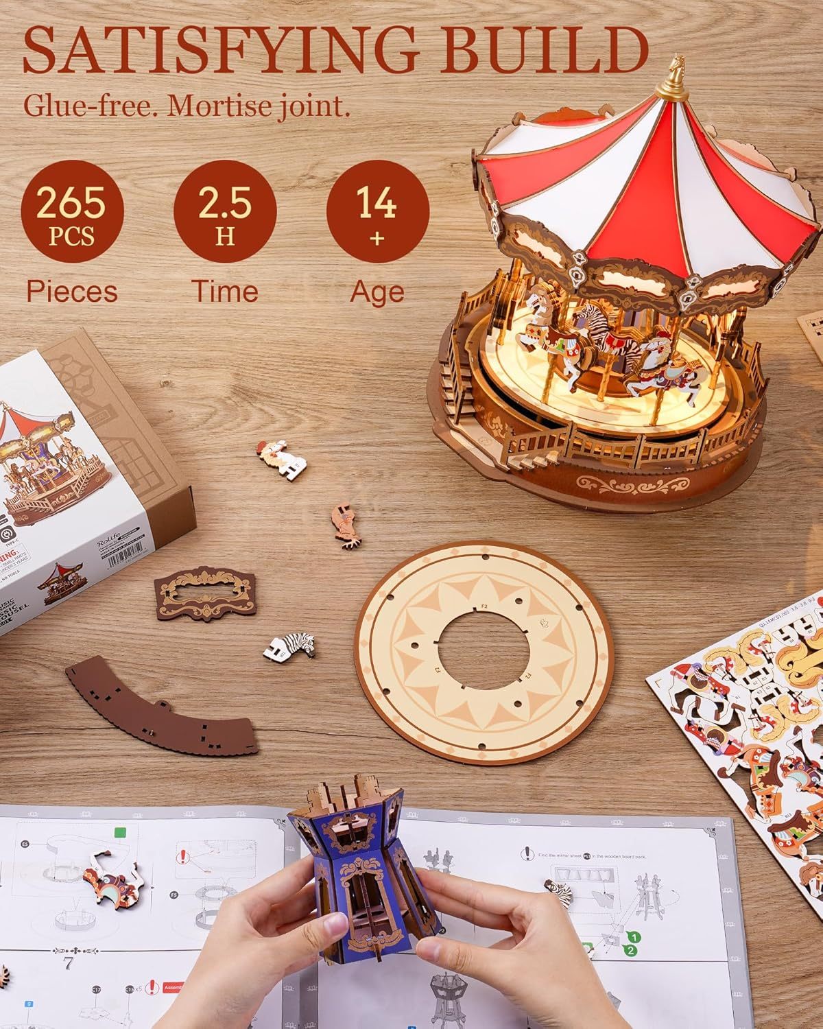 ROBOTIME 3D Wooden Puzzle Classic Carousel Music Box With LED Lights, Model Kits For Adults To Build, Gear Model Building Construction Craft Kits