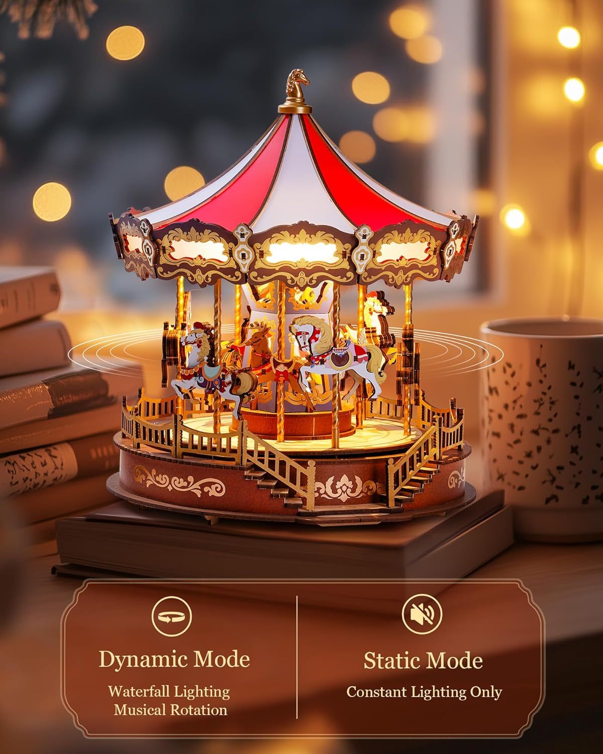 ROBOTIME 3D Wooden Puzzle Classic Carousel Music Box With LED Lights, Model Kits For Adults To Build, Gear Model Building Construction Craft Kits