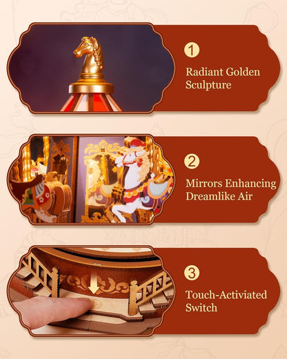 ROBOTIME 3D Wooden Puzzle Classic Carousel Music Box With LED Lights, Model Kits For Adults To Build, Gear Model Building Construction Craft Kits
