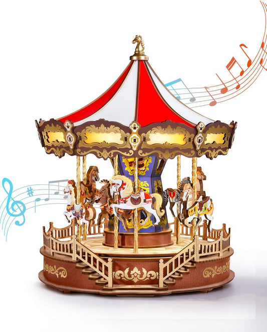 ROBOTIME 3D Wooden Puzzle Classic Carousel Music Box With LED Lights, Model Kits For Adults To Build, Gear Model Building Construction Craft Kits
